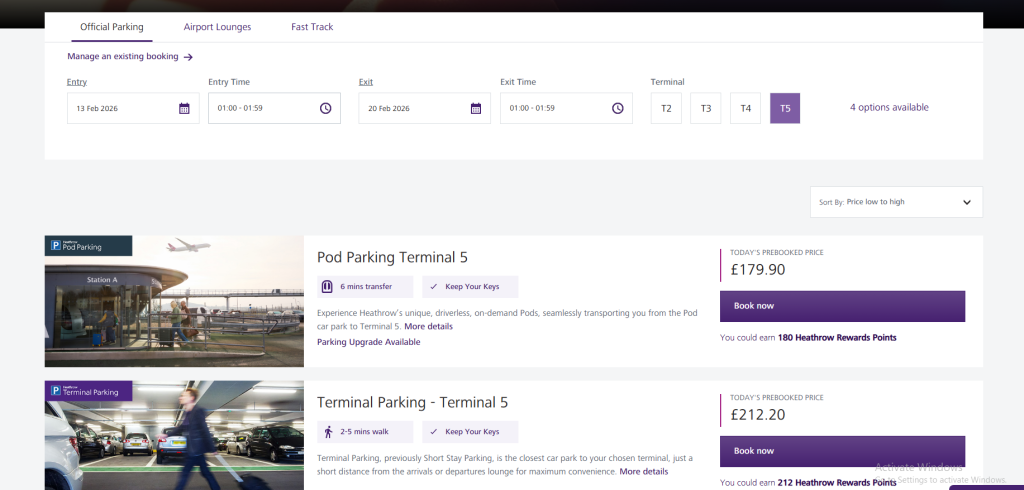 Onsite Heathrow Airport Parking Cost